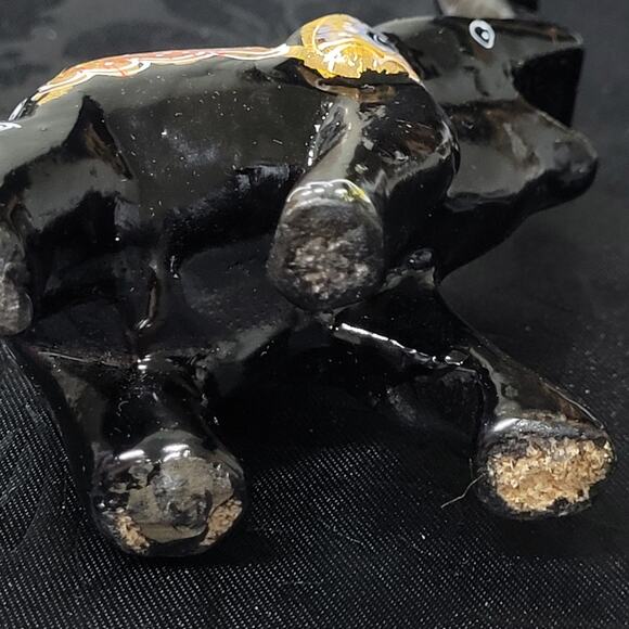 Elephant Black Lacquered Trunk Up. Collectable; Small;  Hand Painted Designs - Picture 5 of 12